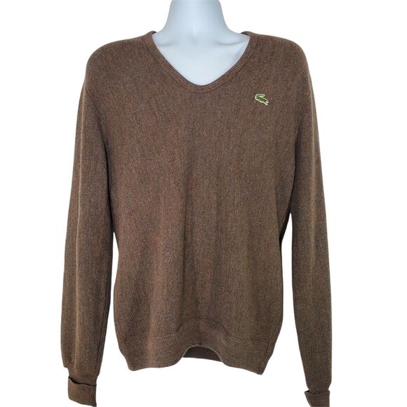 Izod Lacoste Mens Large Sweater Brown Pullover V Neck Retro 80s 1980s Vintage - Picture 1 of 8
